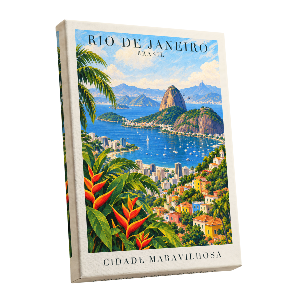 Rio in Full Colour, blue, green, beige nature wall art shown as a stretched canvas wall art