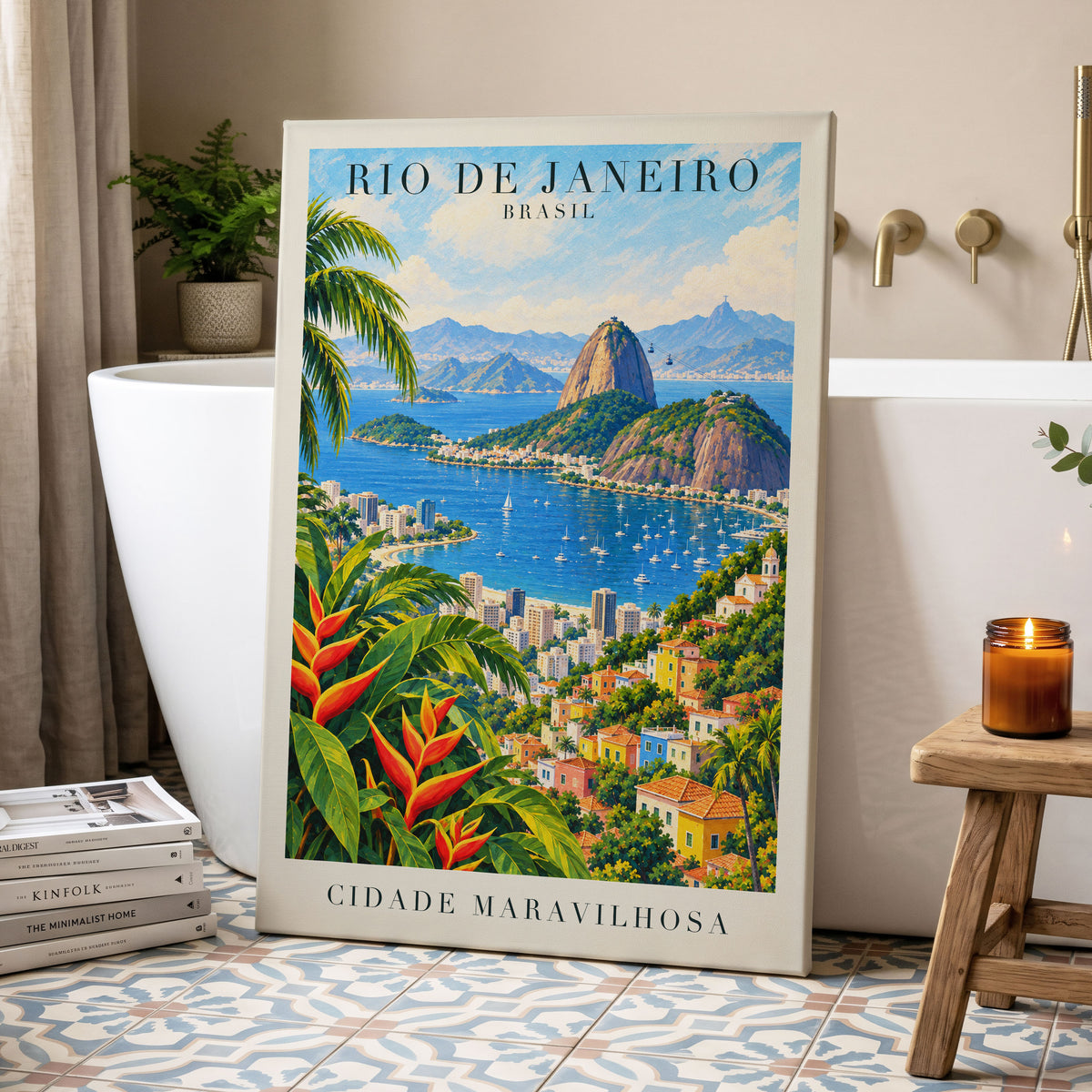 Rio in Full Colour, blue, green, beige nature wall art displayed in a styled interior, gallery view 3
