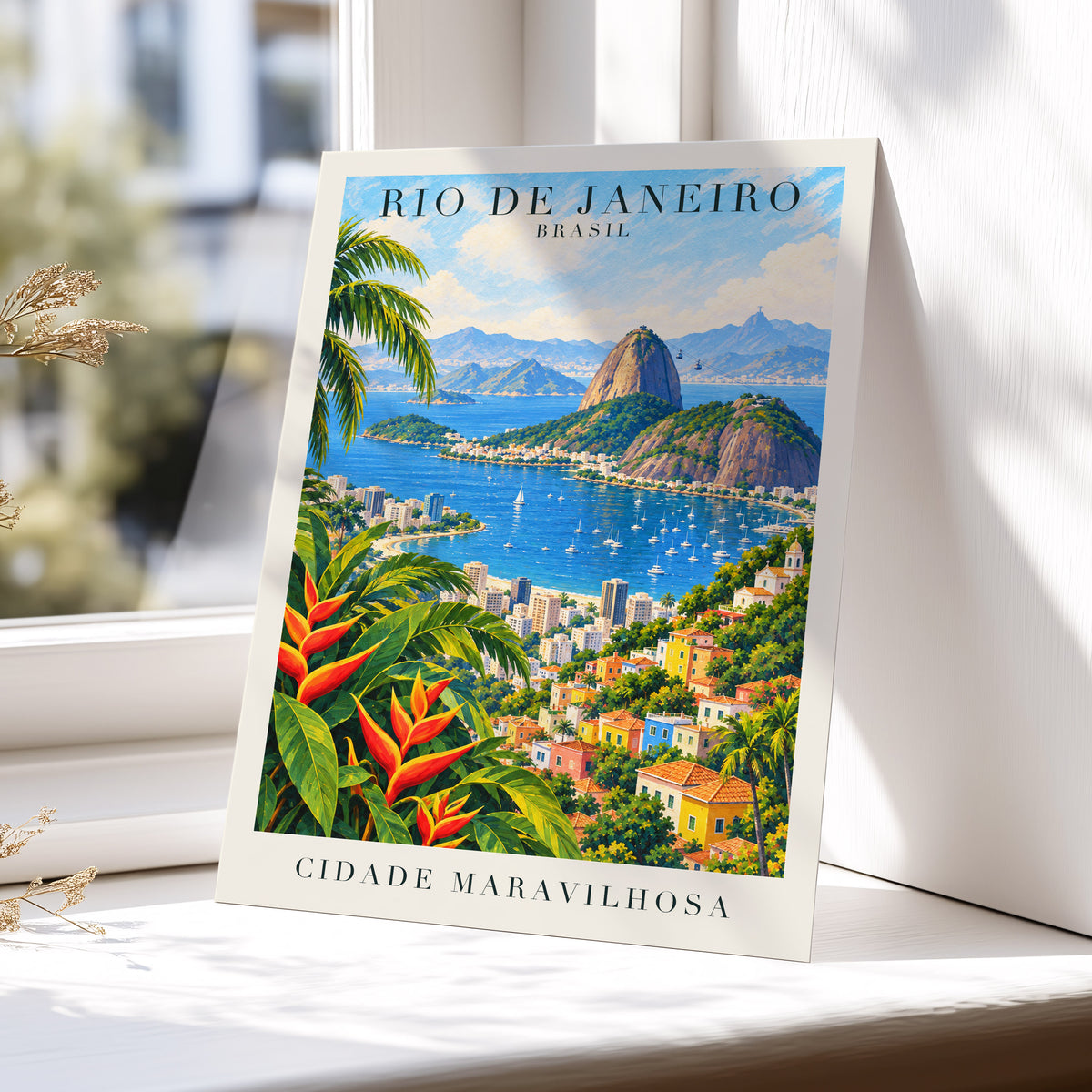 Rio in Full Colour, blue, green, beige nature wall art displayed in a styled interior, gallery view 5