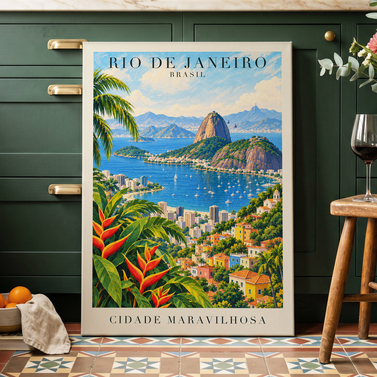 Rio in Full Colour, blue, green, beige nature wall art displayed in a styled interior, gallery view 7