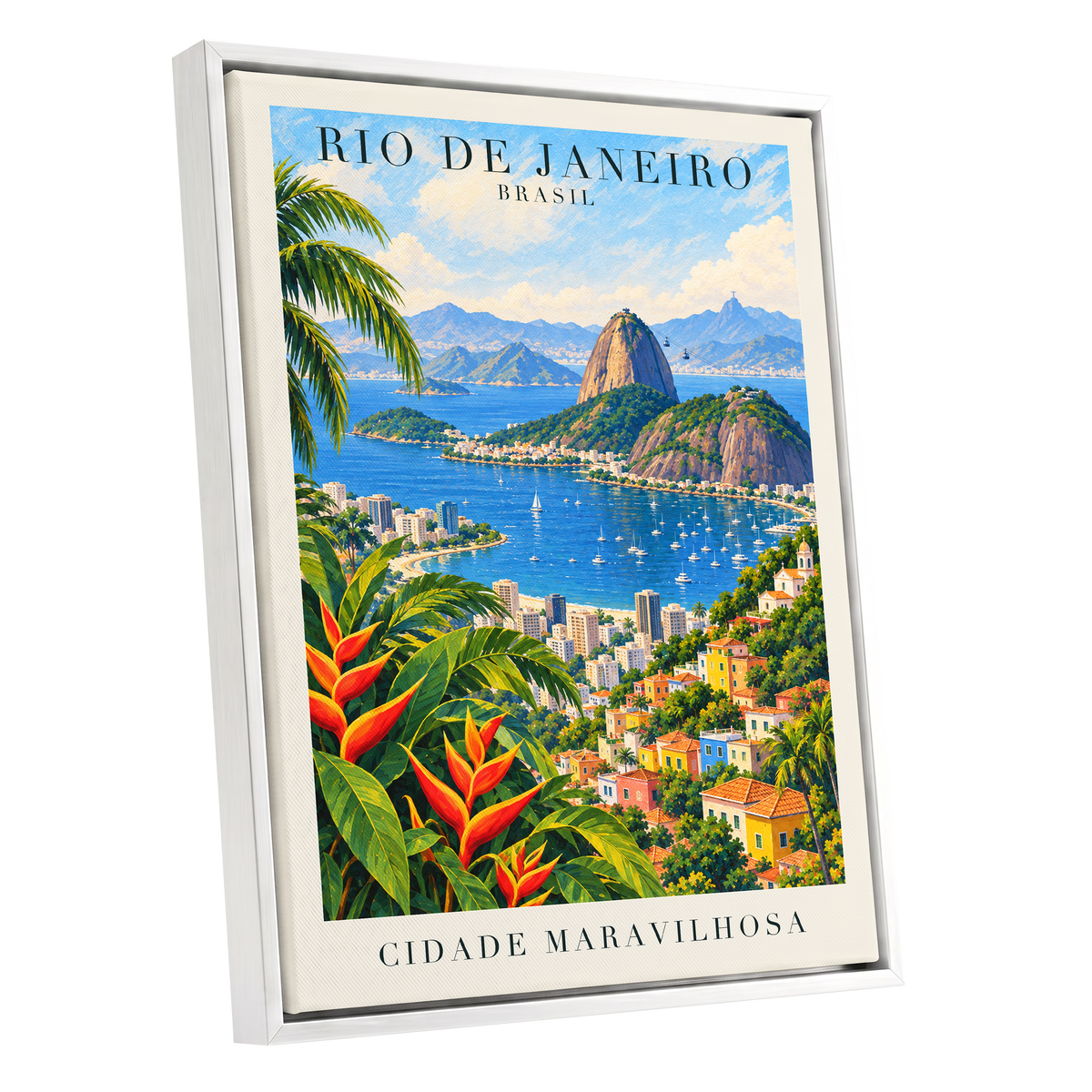 Rio in Full Colour, blue, green, beige nature wall art shown as a white framed canvas wall art