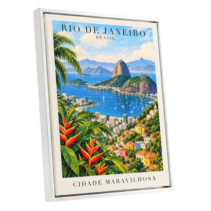 Rio in Full Colour, blue, green, beige nature wall art shown as a white framed canvas wall art