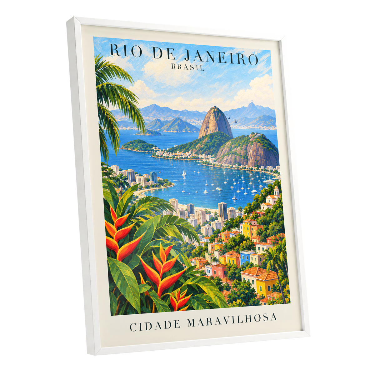 Rio in Full Colour, blue, green, beige nature wall art shown as a white framed poster wall art print