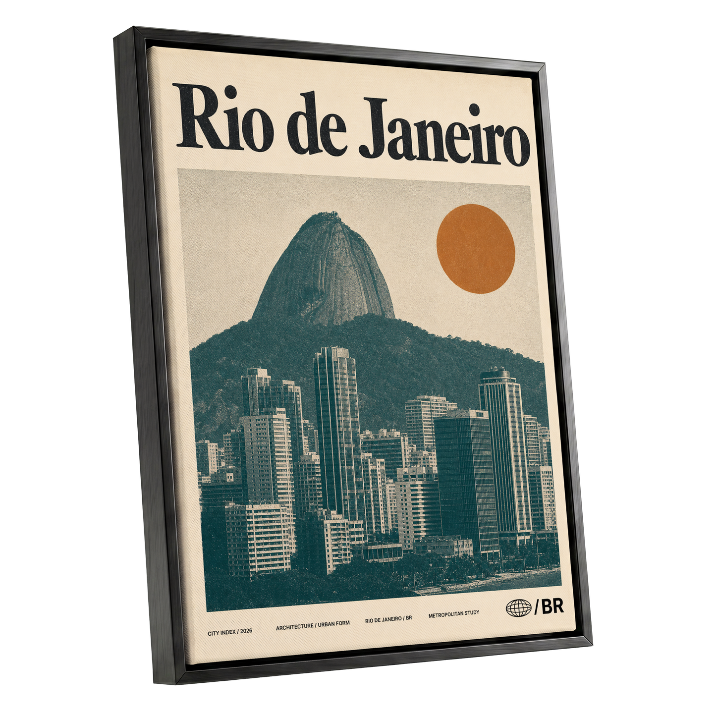 Rio Modernist Skyline, green, beige, orange minimalist wall art shown as a black framed canvas wall art