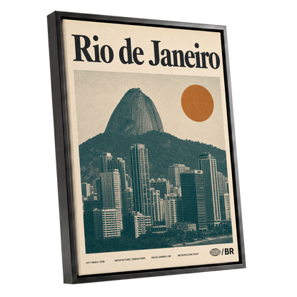 Rio Modernist Skyline, green, beige, orange minimalist wall art shown as a black framed canvas wall art