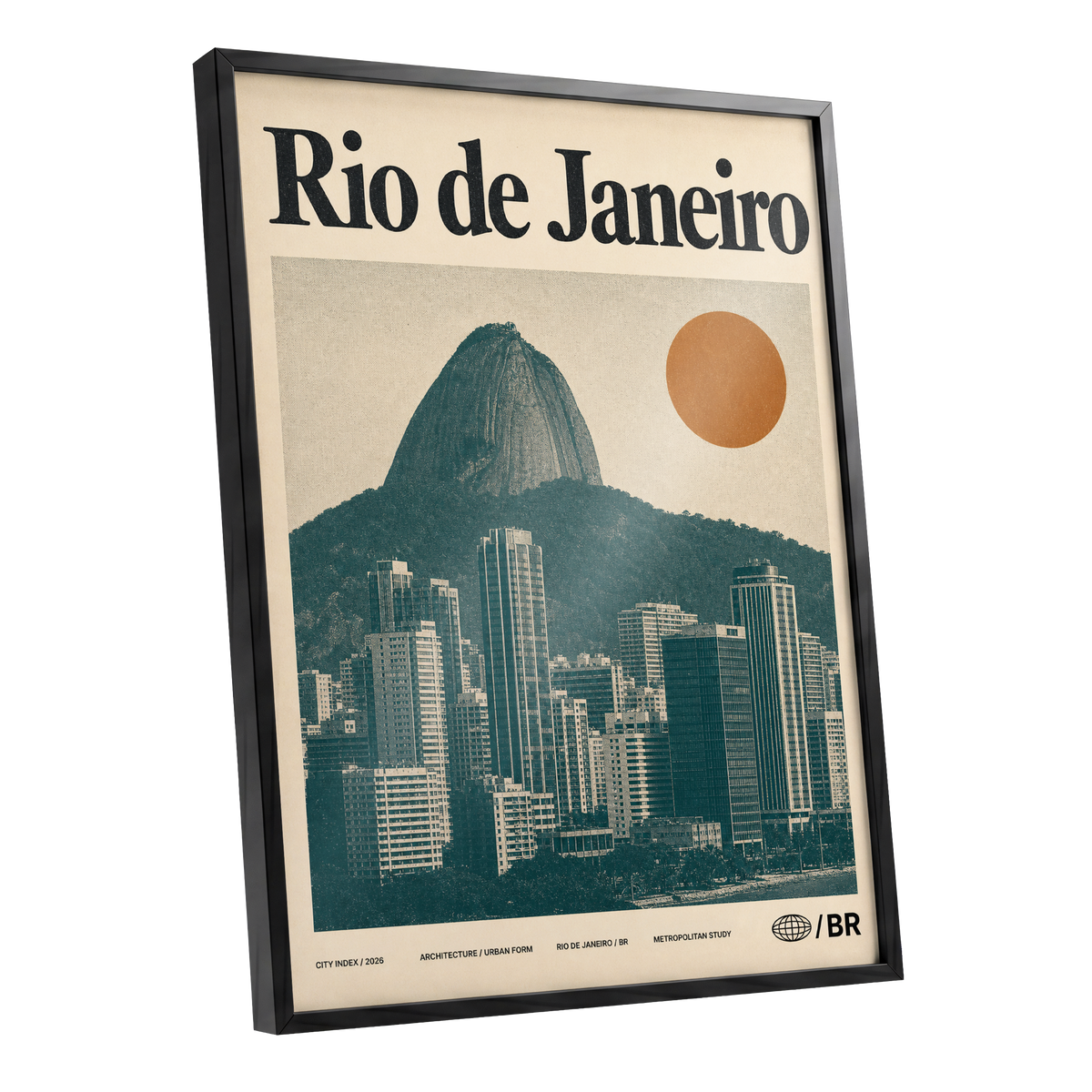 Rio Modernist Skyline, green, beige, orange minimalist wall art shown as a black framed poster wall art print
