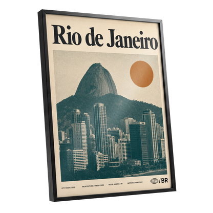 Rio Modernist Skyline, green, beige, orange minimalist wall art shown as a black framed poster wall art print