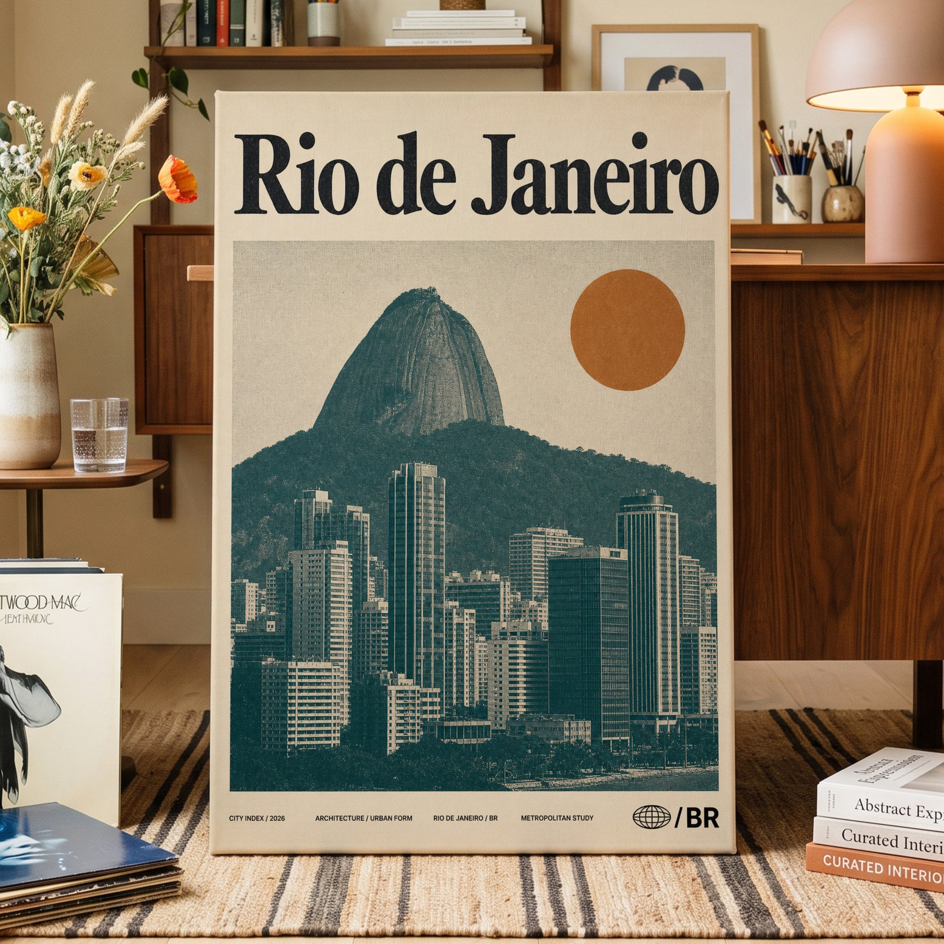 Rio Modernist Skyline, green, beige, orange minimalist wall art on canvas displayed in a styled interior, gallery view 1