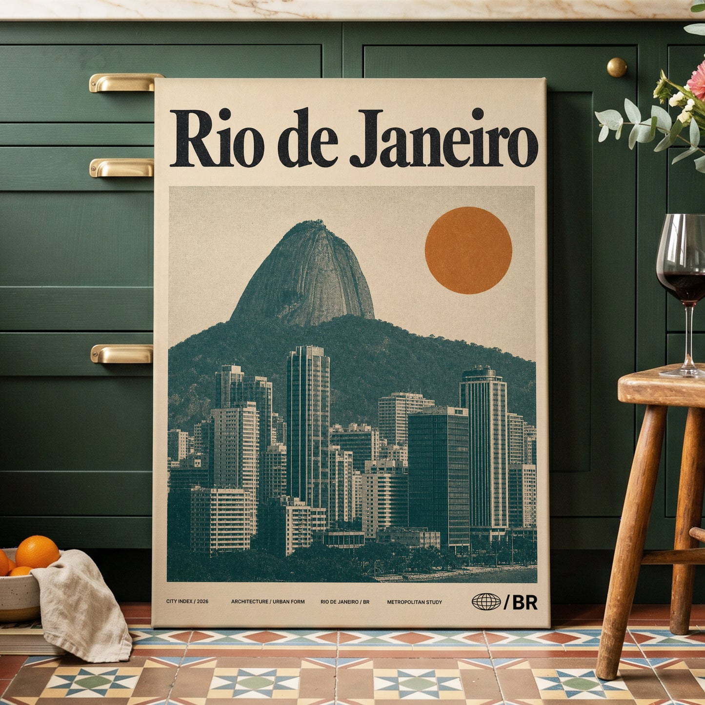 Rio Modernist Skyline, green, beige, orange minimalist wall art on canvas displayed in a styled interior, gallery view 2