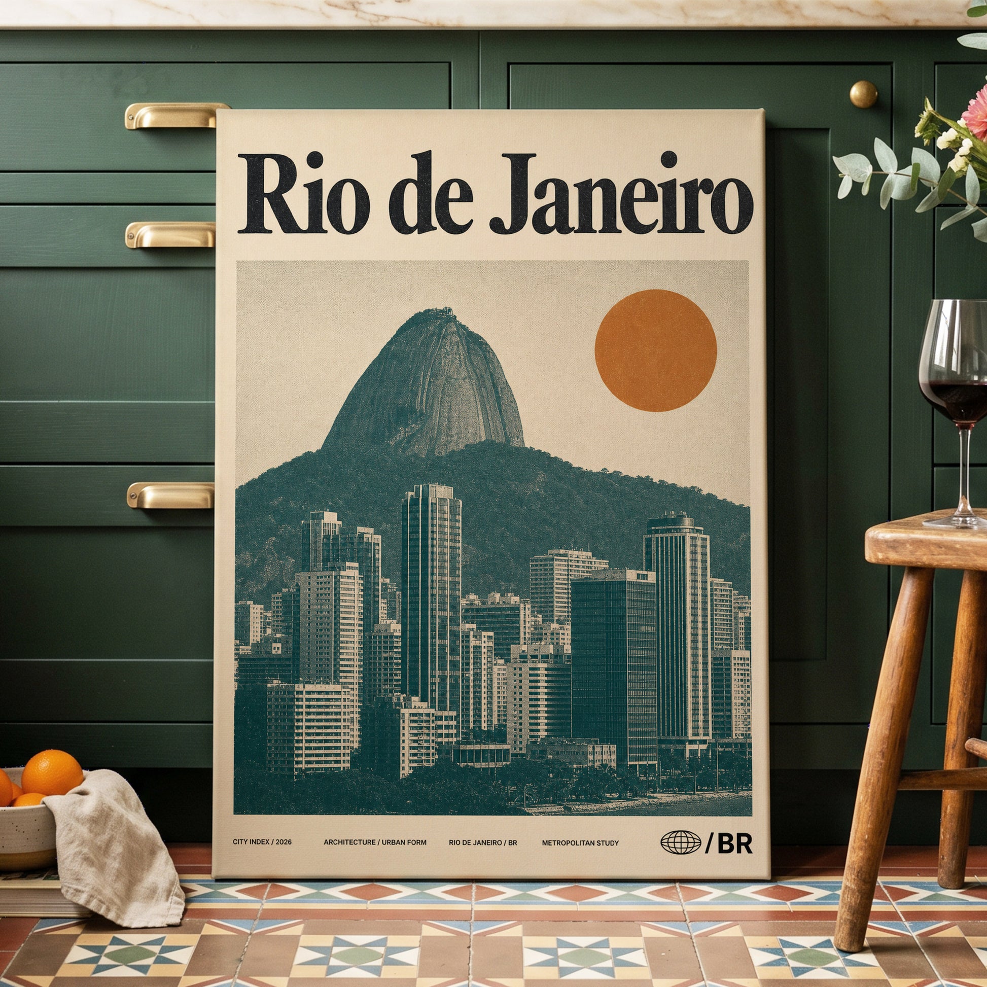 Rio Modernist Skyline, green, beige, orange minimalist wall art on canvas displayed in a styled interior, gallery view 2