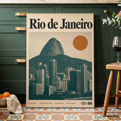 Rio Modernist Skyline, green, beige, orange minimalist wall art on canvas displayed in a styled interior, gallery view 2