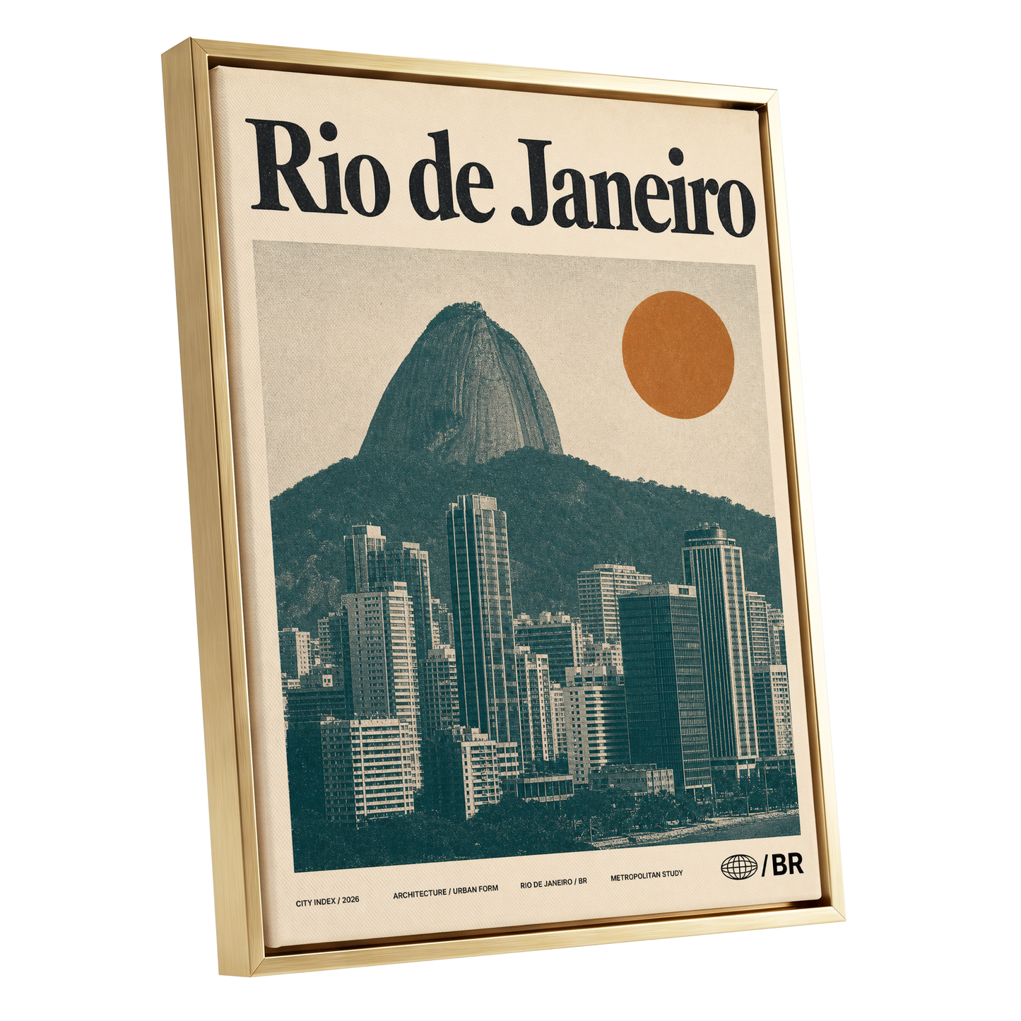 Rio Modernist Skyline, green, beige, orange minimalist wall art shown as a gold framed canvas wall art
