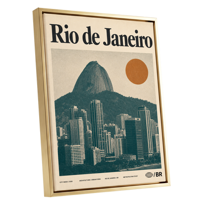 Rio Modernist Skyline, green, beige, orange minimalist wall art shown as a gold framed canvas wall art