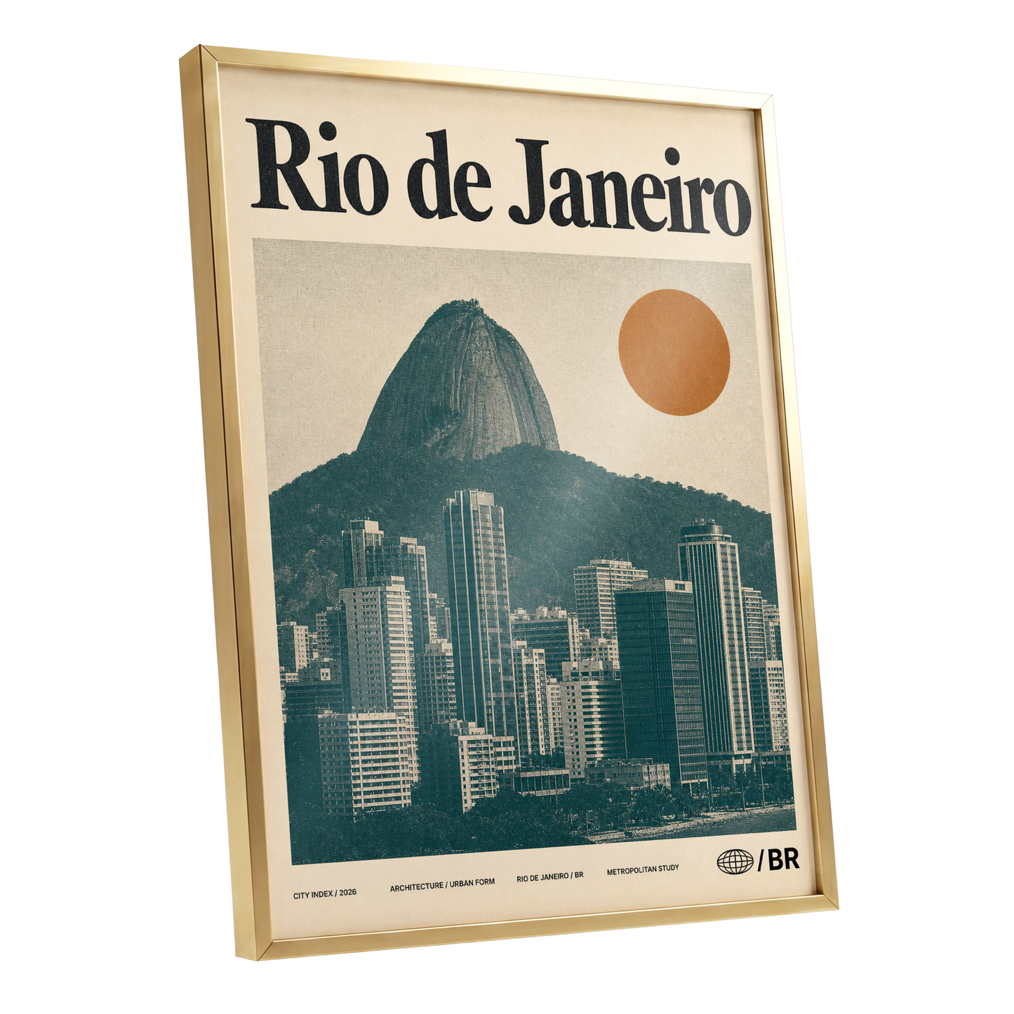 Rio Modernist Skyline, green, beige, orange minimalist wall art shown as a gold framed poster wall art print