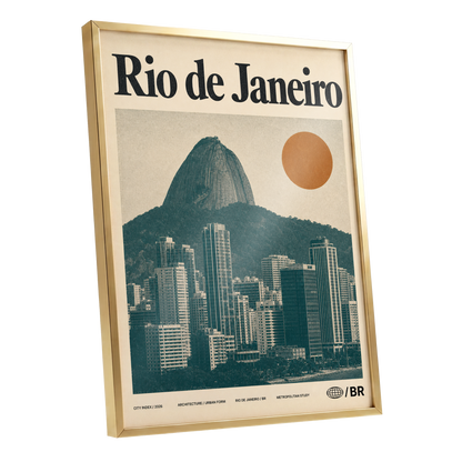 Rio Modernist Skyline, green, beige, orange minimalist wall art shown as a gold framed poster wall art print
