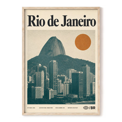Rio Modernist Skyline, green, beige, orange minimalist wall art, front artwork view