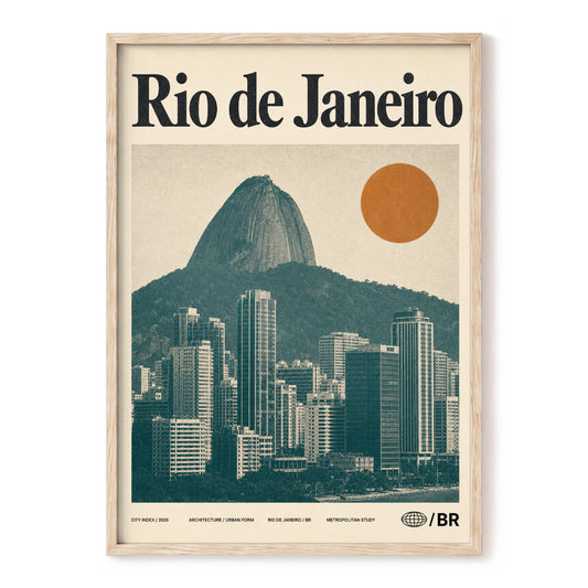 Rio Modernist Skyline, green, beige, orange minimalist wall art, front artwork view