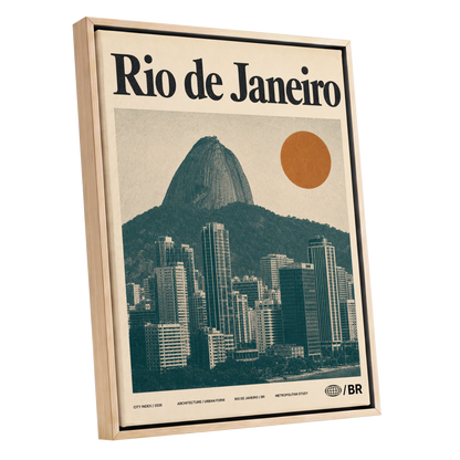 Rio Modernist Skyline, green, beige, orange minimalist wall art shown as a oak framed canvas wall art
