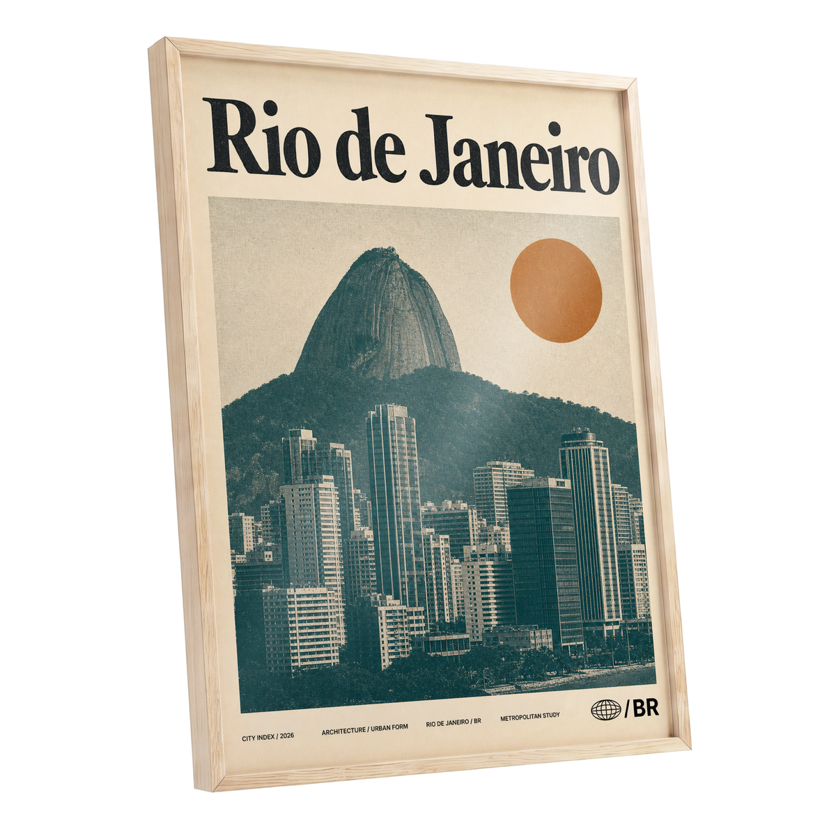 Rio Modernist Skyline, green, beige, orange minimalist wall art shown as a oak framed poster wall art print