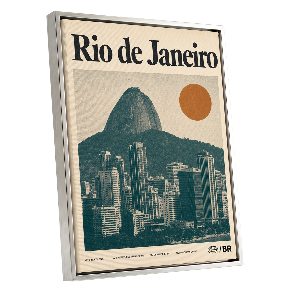 Rio Modernist Skyline, green, beige, orange minimalist wall art shown as a silver framed canvas wall art