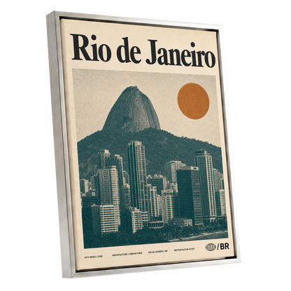 Rio Modernist Skyline, green, beige, orange minimalist wall art shown as a silver framed canvas wall art