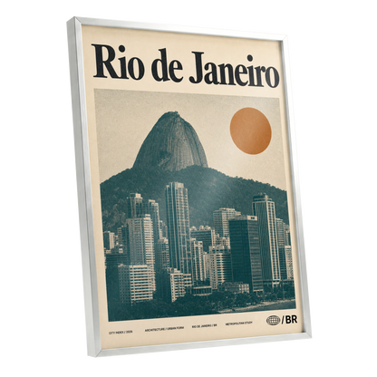 Rio Modernist Skyline, green, beige, orange minimalist wall art shown as a silver framed poster wall art print