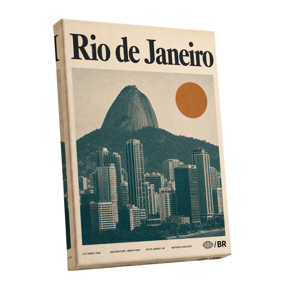 Rio Modernist Skyline, green, beige, orange minimalist wall art shown as a stretched canvas wall art