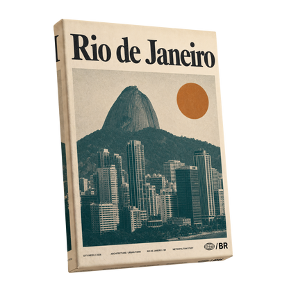 Rio Modernist Skyline, green, beige, orange minimalist wall art shown as a stretched canvas wall art