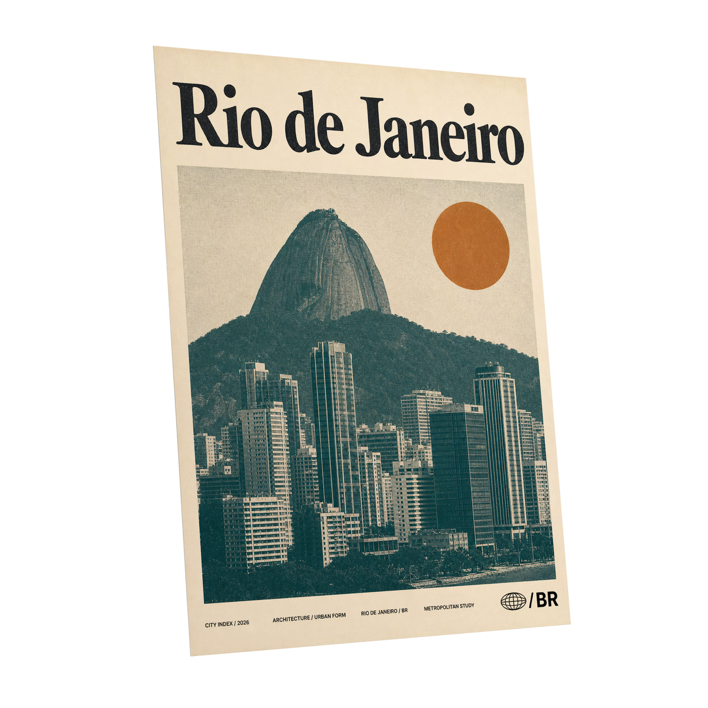 Rio Modernist Skyline, green, beige, orange minimalist wall art shown as a unframed poster wall art print