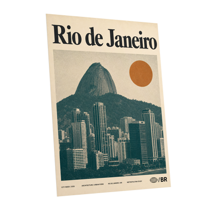 Rio Modernist Skyline, green, beige, orange minimalist wall art shown as a unframed poster wall art print