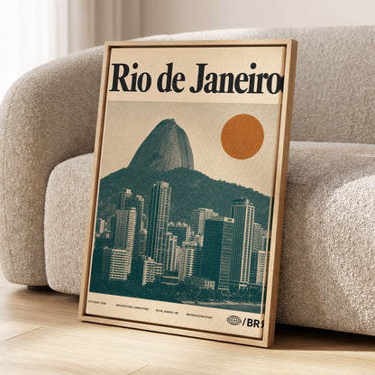 Rio Modernist Skyline, green, beige, orange minimalist wall art displayed in a styled interior, gallery view 1