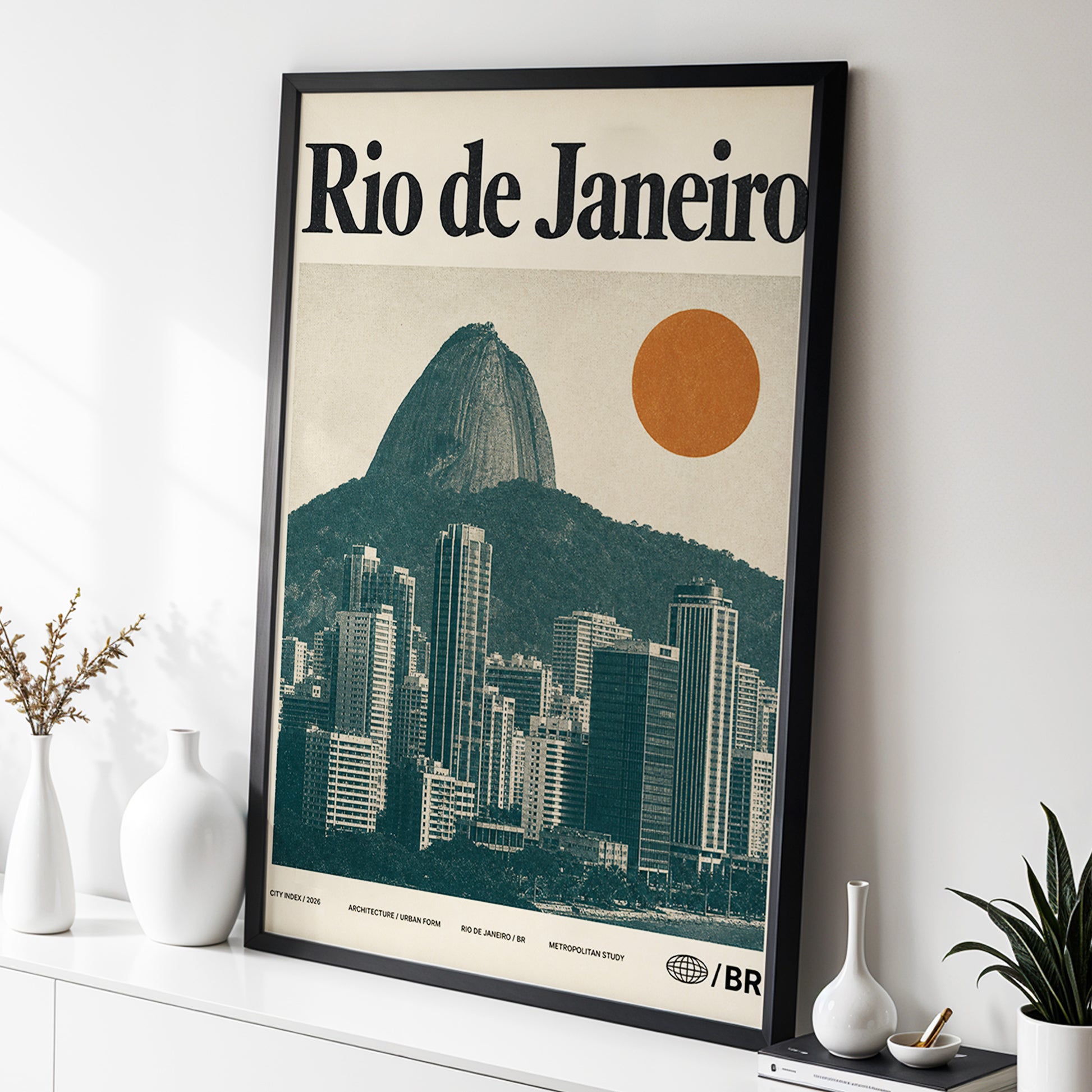 Rio Modernist Skyline, green, beige, orange minimalist wall art displayed in a styled interior, gallery view 2