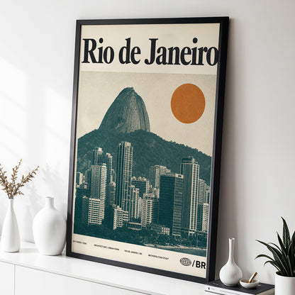 Rio Modernist Skyline, green, beige, orange minimalist wall art displayed in a styled interior, gallery view 2