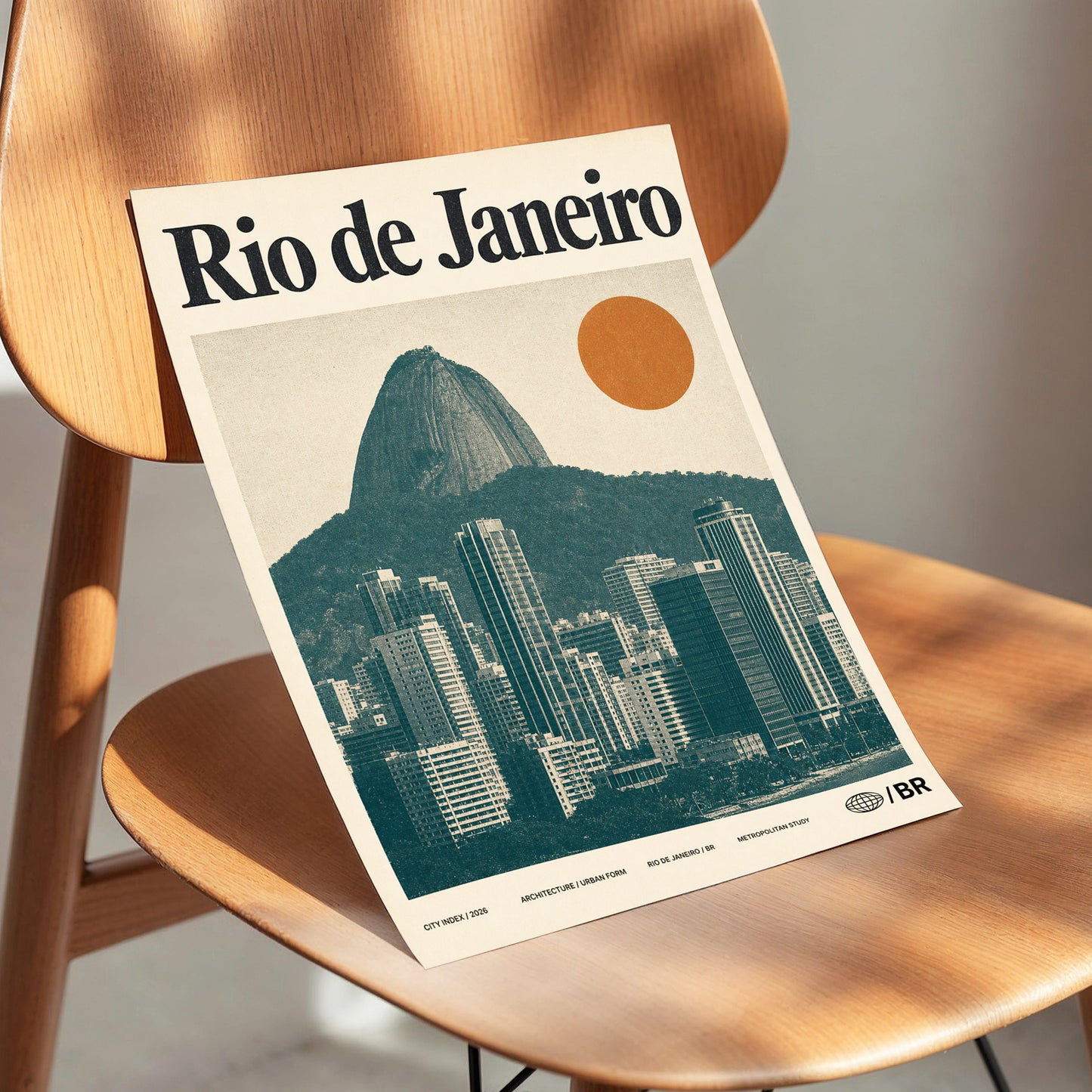 Rio Modernist Skyline, green, beige, orange minimalist wall art displayed in a styled interior, gallery view 3