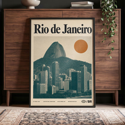 Rio Modernist Skyline, green, beige, orange minimalist wall art displayed in a styled interior, gallery view 4