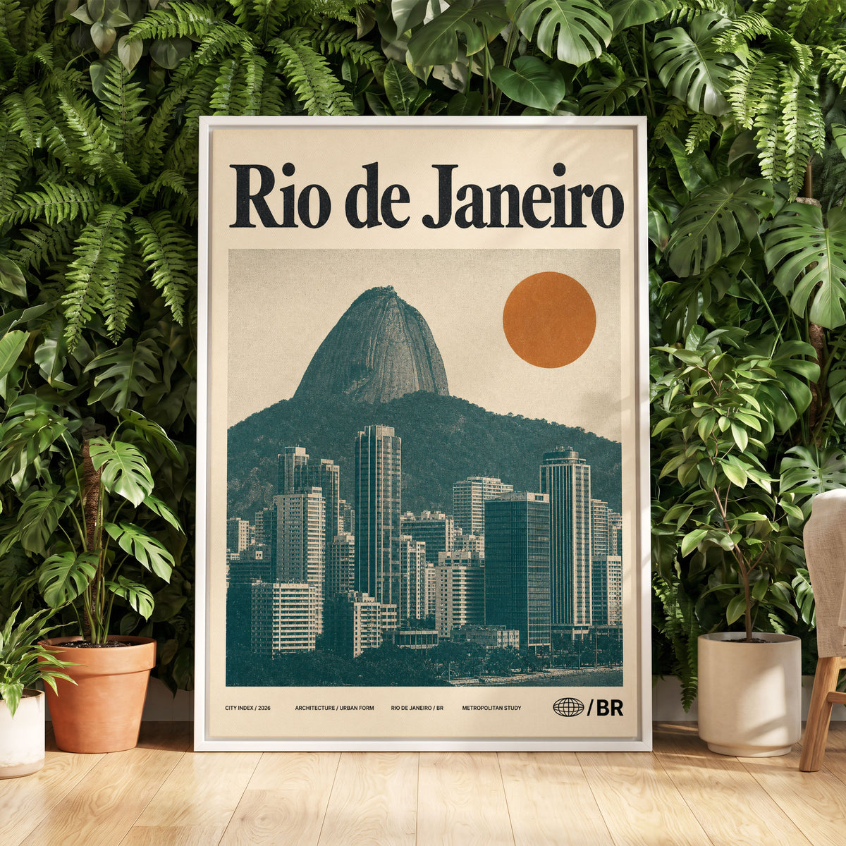 Rio Modernist Skyline, green, beige, orange minimalist wall art displayed in a styled interior, gallery view 5