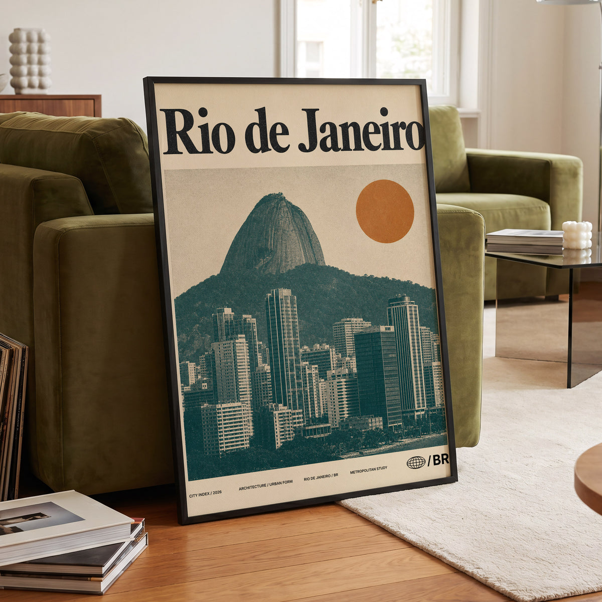 Rio Modernist Skyline, green, beige, orange minimalist wall art displayed in a styled interior, gallery view 6