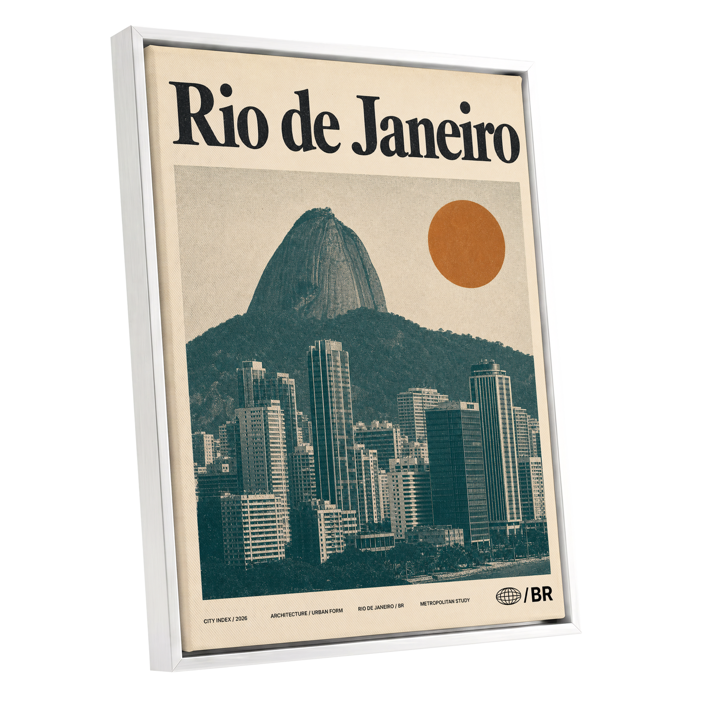 Rio Modernist Skyline, green, beige, orange minimalist wall art shown as a white framed canvas wall art