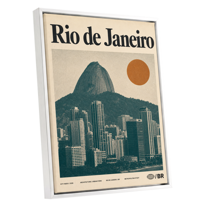 Rio Modernist Skyline, green, beige, orange minimalist wall art shown as a white framed canvas wall art