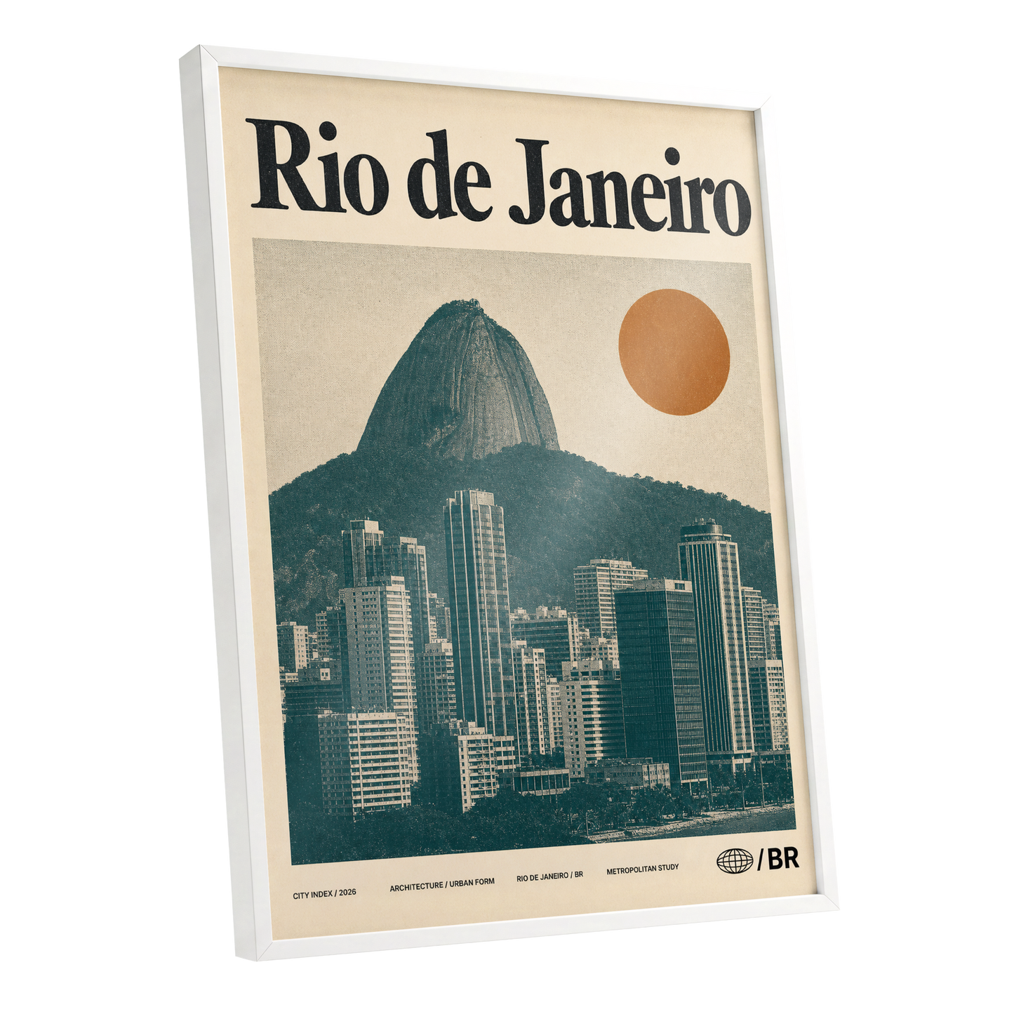 Rio Modernist Skyline, green, beige, orange minimalist wall art shown as a white framed poster wall art print