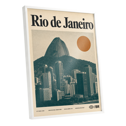 Rio Modernist Skyline, green, beige, orange minimalist wall art shown as a white framed poster wall art print