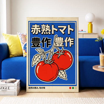 Ripe Tomato Market, red, blue, beige nature wall art on canvas displayed in a styled interior, gallery view 2
