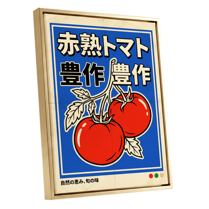 Ripe Tomato Market, red, blue, beige nature wall art shown as a gold framed canvas wall art