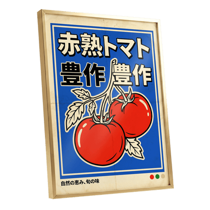 Ripe Tomato Market, red, blue, beige nature wall art shown as a gold framed poster wall art print