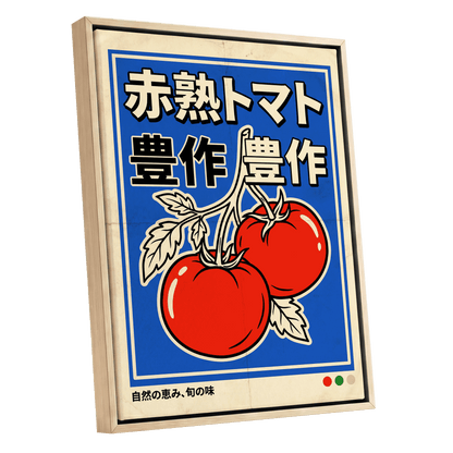 Ripe Tomato Market, red, blue, beige nature wall art shown as a oak framed canvas wall art