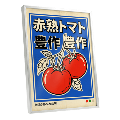 Ripe Tomato Market, red, blue, beige nature wall art shown as a silver framed poster wall art print