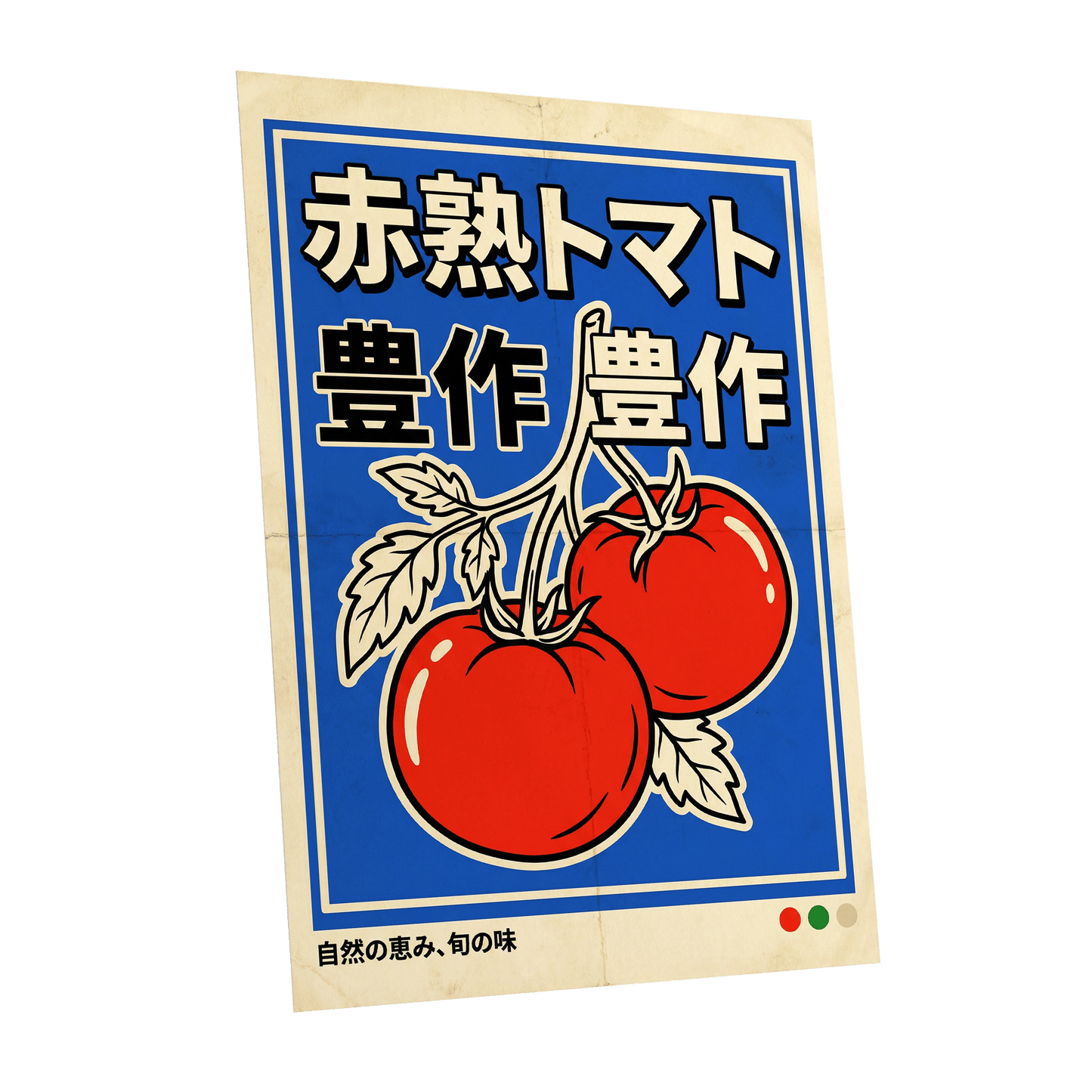 Ripe Tomato Market, red, blue, beige nature wall art shown as a unframed poster wall art print