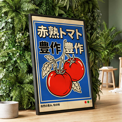 Ripe Tomato Market, red, blue, beige nature wall art displayed in a styled interior, gallery view 1