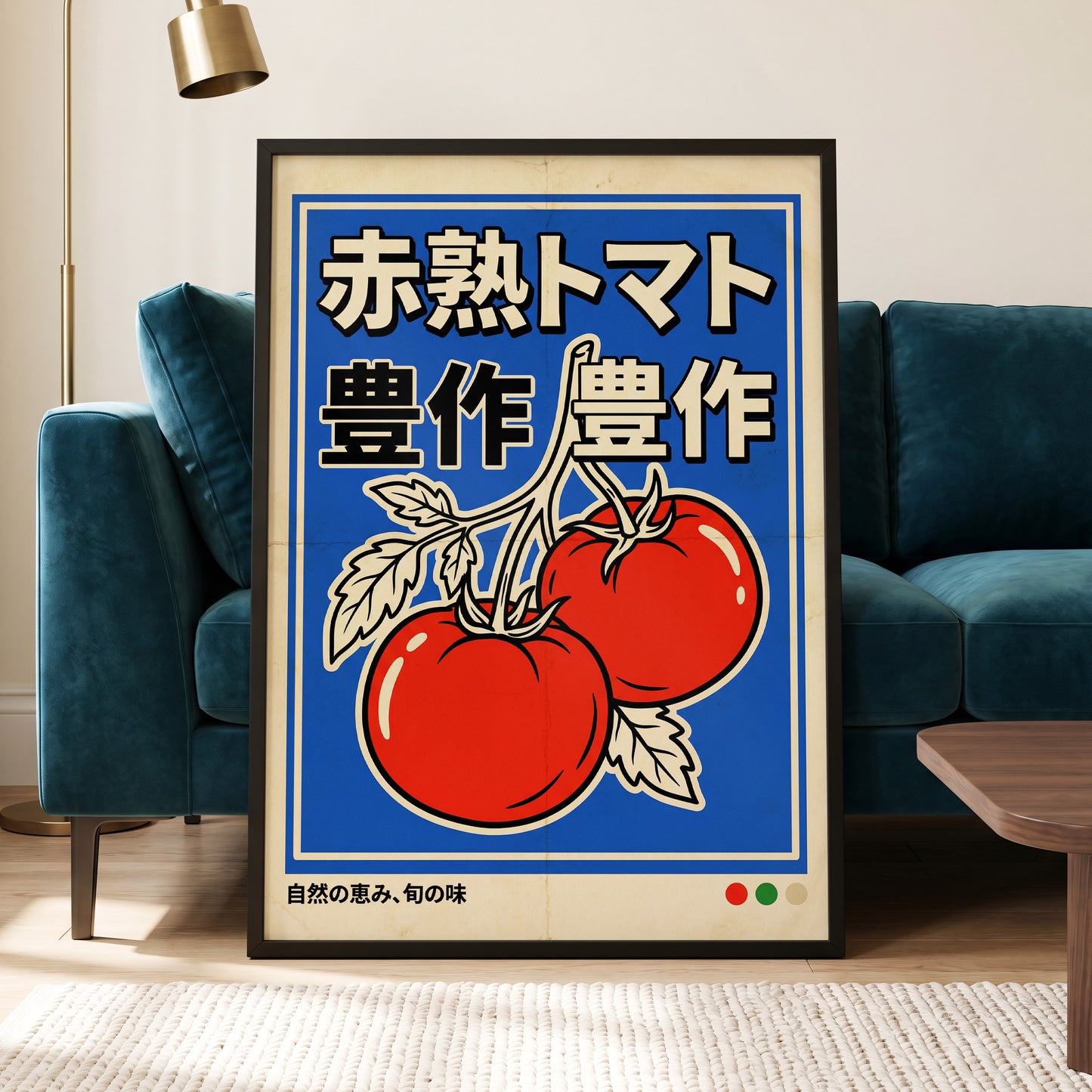 Ripe Tomato Market, red, blue, beige nature wall art displayed in a styled interior, gallery view 5