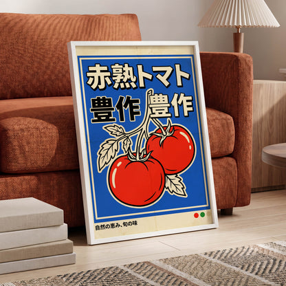 Ripe Tomato Market, red, blue, beige nature wall art displayed in a styled interior, gallery view 6
